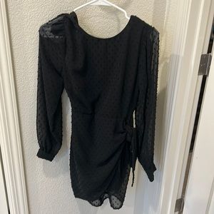 Black dot long sleeve tie front mini dress lulus XS - new with tag